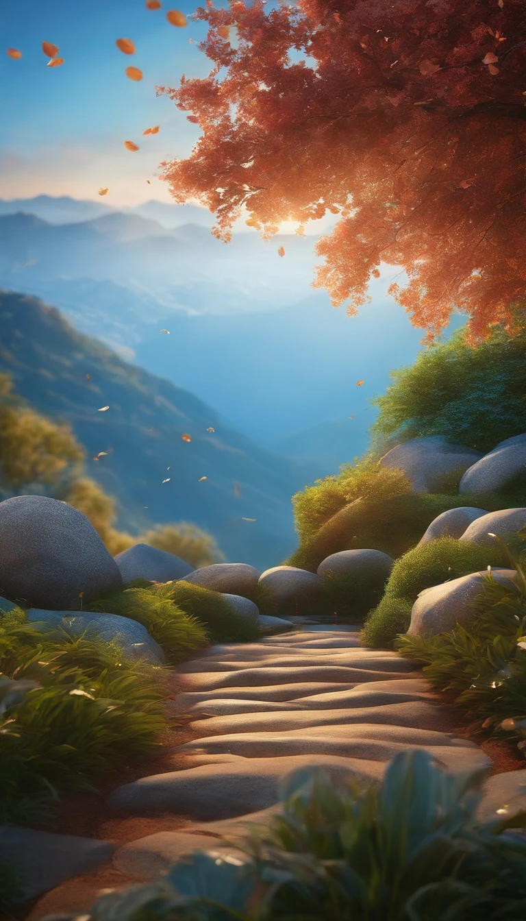 master part, best quality, (Muito detalhado CG unidade 8k papel de parede) (best quality), (best illustration), (Melhores Sombras) Natureza', mar azul,Delicate Leaves Petals of Various Colors Falling in the Air Light Tracking, super detalhado --v6