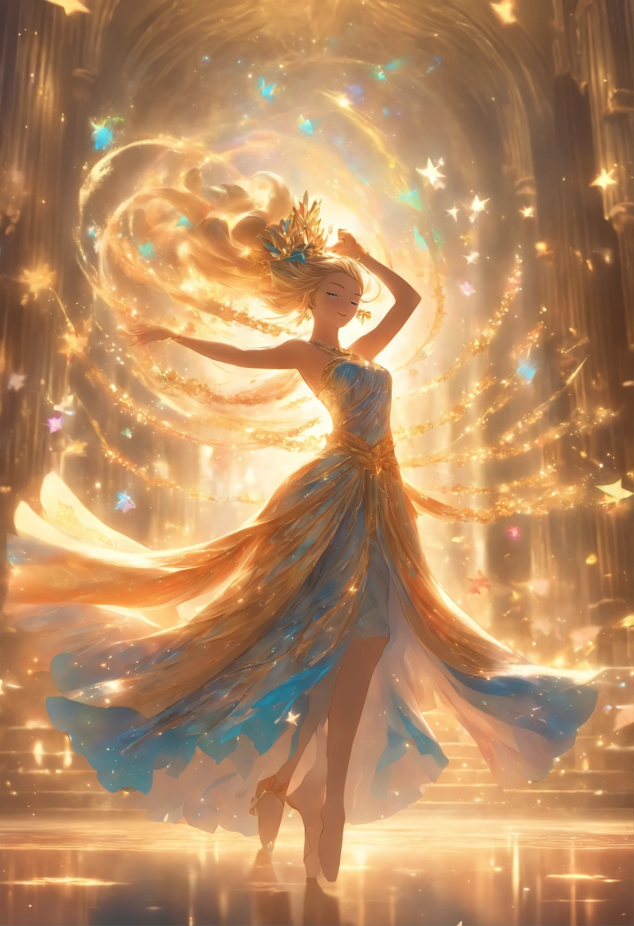 A goddess who wears a thousand-piece skirt dancing and cheering in the middle of a royal hall. saia flutuante, Twist Style Flower, Surreal and mystical scenes, sentindo-se leve e flutuante, magnificence, beleza e ternura, Shimmy, osso da beleza, colarinho aberto, Dance com Universo e Estrelas, illusion neckline, No Straps, Ombros, rosto natural, anime