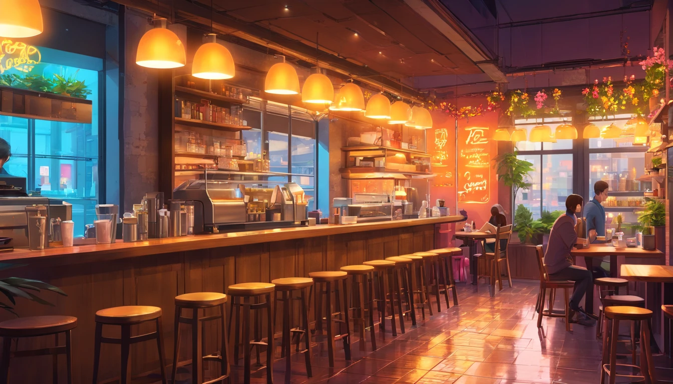 (Neon lit night scene),(Lo-fi cafeteria),(colores vibrantes),(Detailed Coffee Mug),(Reflexiones sobre la mesa), (nostalgic vibes), (Artistic painting style),(Ambiente acogedor), (Texturas realistas), (Aroma of coffee in the air), (Gente charlando y riendo), (Vista a la calle), (Sombras suaves), (dark alleyway), (Luces de la ciudad), (Tiempo lluvioso), (gotas de lluvia en el cristal de la ventana), (fondo borroso), (Decorative Interior Design), (Aesthetic environment), (Plantas de interior), (Bright neon sign), (Barista Brewing Coffee), (Coffee Machine Smoke), (A slow-paced artistic moment), (Clientes disfrutando de sus bebidas), (Arte Latte), (Music playing in the background), (Steaming, hot coffee),(Platos con motivos florales), (warm color tones), (Cosy seating arrangement), (Rustic wooden tables), (Intimate environment), (Luces Bokeh), (Momentos sinceros capturados), (Artistic lighting effects), (dreamy atmosphere), (Elegante barra de bar), (Traces of Coffee Spills), (Obras de arte en las paredes).