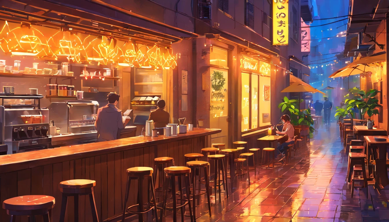 (Neon lit night scene),(Lo-fi cafeteria),(colores vibrantes),(Detailed Coffee Mug),(Reflexiones sobre la mesa), (nostalgic vibes), (Artistic painting style),(Ambiente acogedor), (Texturas realistas), (Aroma of coffee in the air), (Gente charlando y riendo), (Vista a la calle), (Sombras suaves), (dark alleyway), (Luces de la ciudad), (Tiempo lluvioso), (gotas de lluvia en el cristal de la ventana), (fondo borroso), (Decorative Interior Design), (Aesthetic environment), (Plantas de interior), (Bright neon sign), (Barista Brewing Coffee), (Coffee Machine Smoke), (A slow-paced artistic moment), (Clientes disfrutando de sus bebidas), (Arte Latte), (Music playing in the background), (Steaming, hot coffee),(Platos con motivos florales), (warm color tones), (Cosy seating arrangement), (Rustic wooden tables), (Intimate environment), (Luces Bokeh), (Momentos sinceros capturados), (Artistic lighting effects), (dreamy atmosphere), (Elegante barra de bar), (Traces of Coffee Spills), (Obras de arte en las paredes).