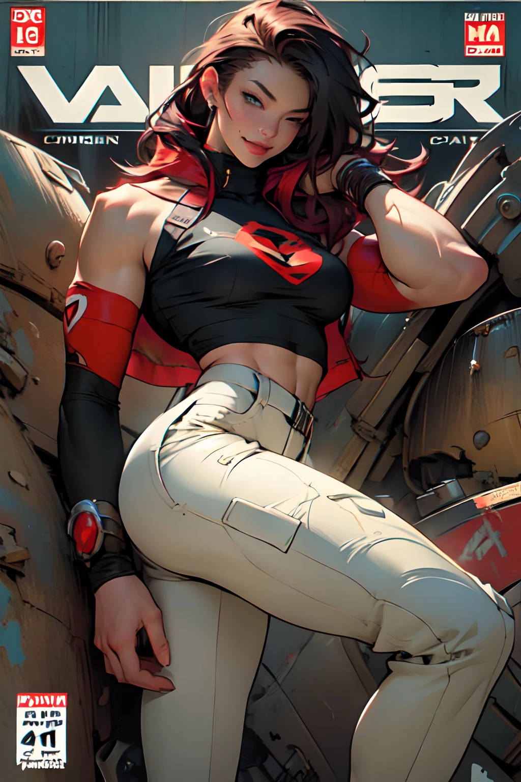 ((Simon Bisley)), Beautiful full-bodied woman, 30 years old, muscular and perfect body, ((Best quality)), ((masterpiece)), ((realistic)), ((beautiful female model)), (arrogant:1.4), (badass:1.4), (image comic cover:1.4) - Against a vibrant crimson background, the beautiful female model takes center stage on the comic cover. With piercing eyes that shift between fiery red and gold, she exudes arrogance, wildness, and apathy. Her muscular body, ripped physique, and perfect muscular long legs are showcased in a badass modern costume. Accentuated by a thin waist, muscular thighs, huge hips, and muscular arms, she stands as a symbol of power and dominance. on eye level, scenic, masterpiece, Thick body,((Sexual suggestiveness))，Seductive smile，high-heels, (naughty smile:1.1), wide hips, thin waist, , sex slave, imge comics, comic book cover