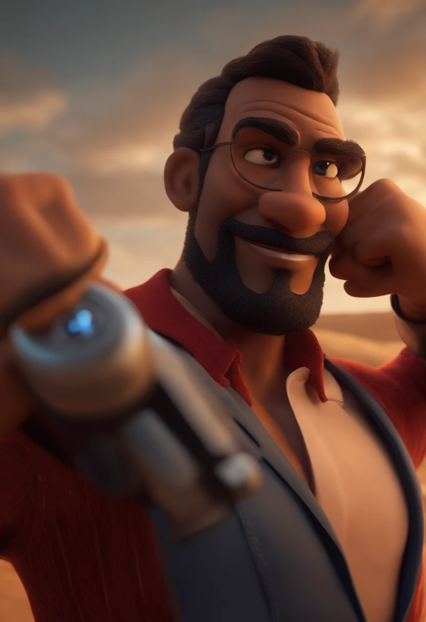 personagem masculino, pele clara, barba baixa, cabelo preto curto , olhos escuros, boca carnuda, feliz, With a camera in his hand. victory pose, Realtor, estilo Pixar 3d