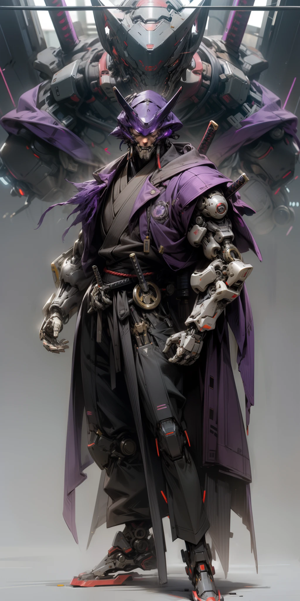 Dark_Fantasy,Cyberpunk,(cyborg samurai,violet:1.1),1man,Mechanical marvel,Robotic presence,Cybernetic guardian,