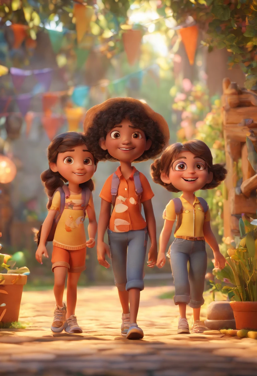 Estilo Pixar: Um pai and two girls. Uma de 11 anos e outra de 8 anos . Uma fazenda com cavalos lindos e marrom .