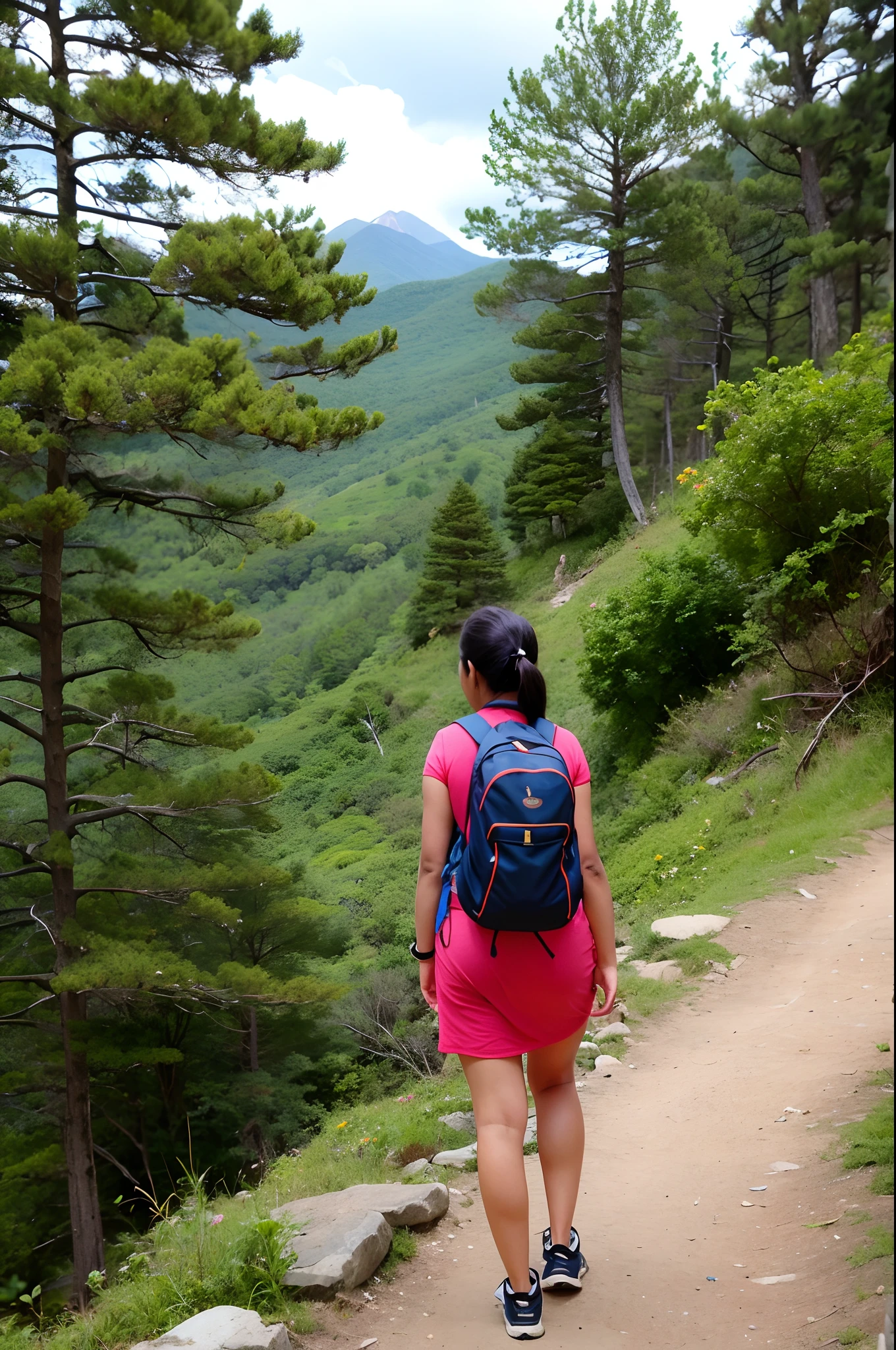 Indian girl hiking mountain