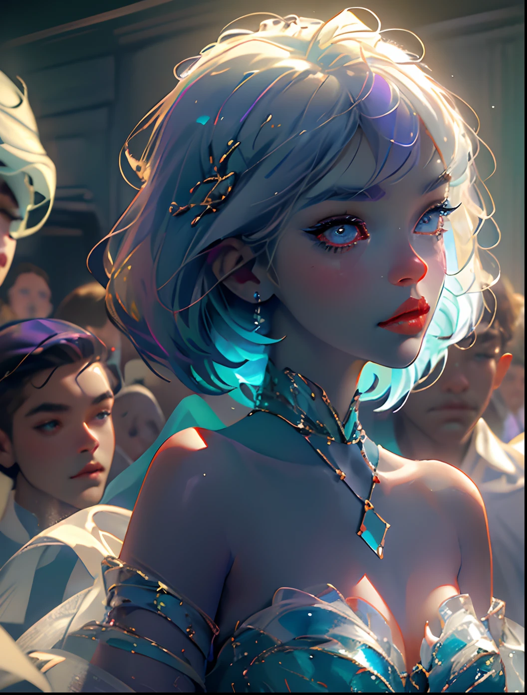 Young woman with wolfcut lavender short hair, her eyes looks like the one of a siren, they are light blue. She looks like a singer or an idole, but she also looks like someone kind and cary, a pure beauty in a anime style.