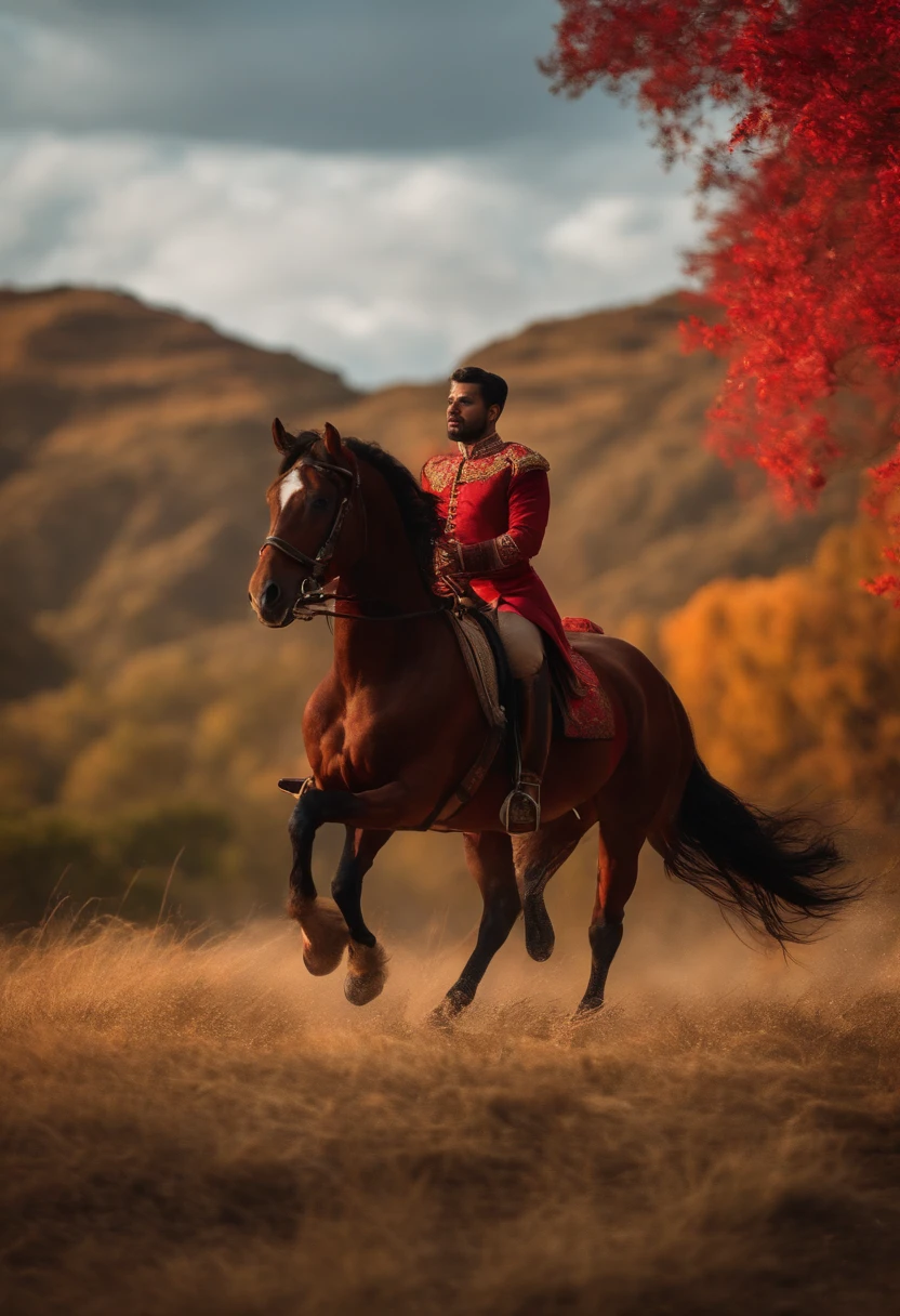 um cavaleiro homem com uma espada na mao em cima de um cavalo vermelho crie bem realista