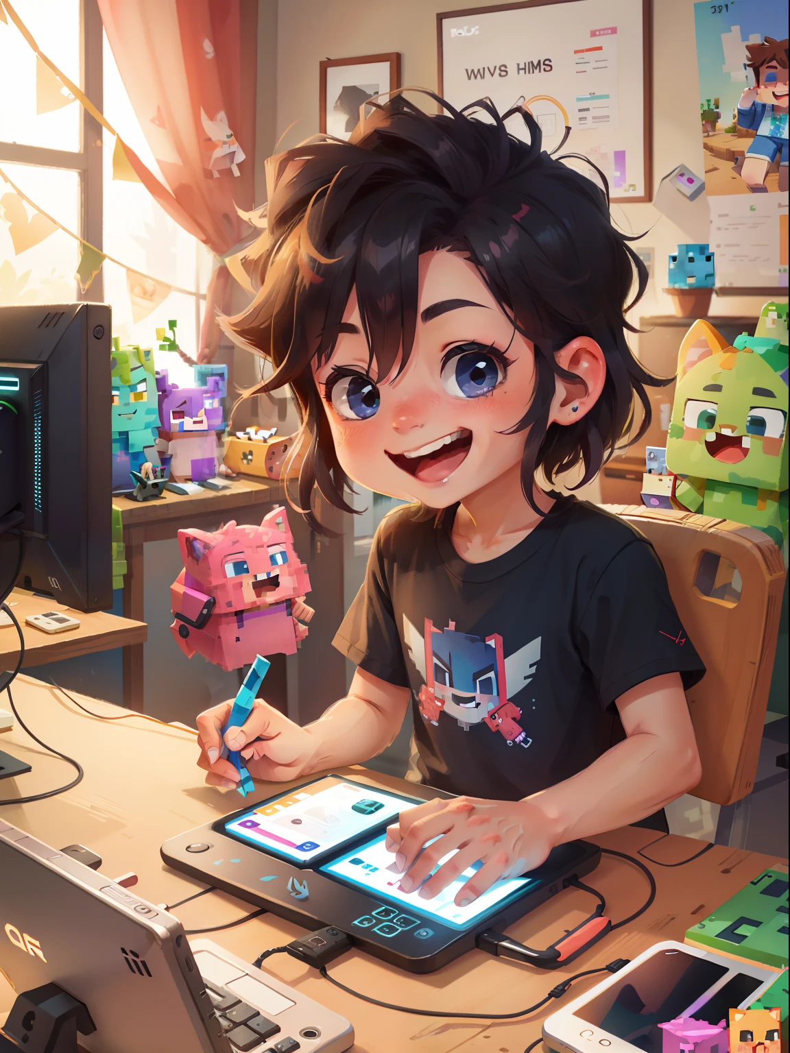 garoto gamer sorrindo, perfect hands, cabelo preto, idade 6 anos, teclado rgb, computador gamer, fone de ouvido, foto de perfil,  jogando minecraft, live stream