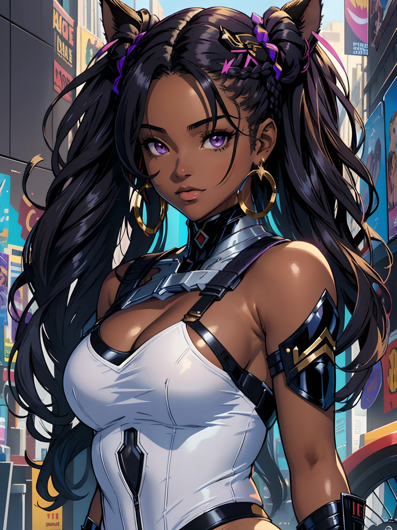 (master part, melhor qualidade), Deep Ebony 1girl, beautiful face, Braids hanging freely, corpo inteiro, nsfw seios muito grandes, nsfw moda cyberpunk, nsfw moda cyberpunk