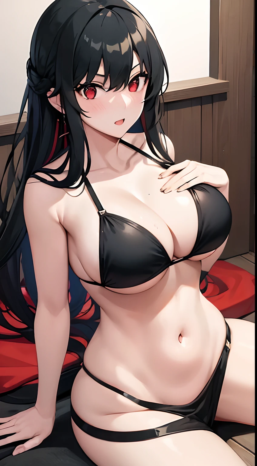 1 girl, black long hair, red pupils, very big breasts, very sexy body, sexy look, looking at the camera, wearing a bikini