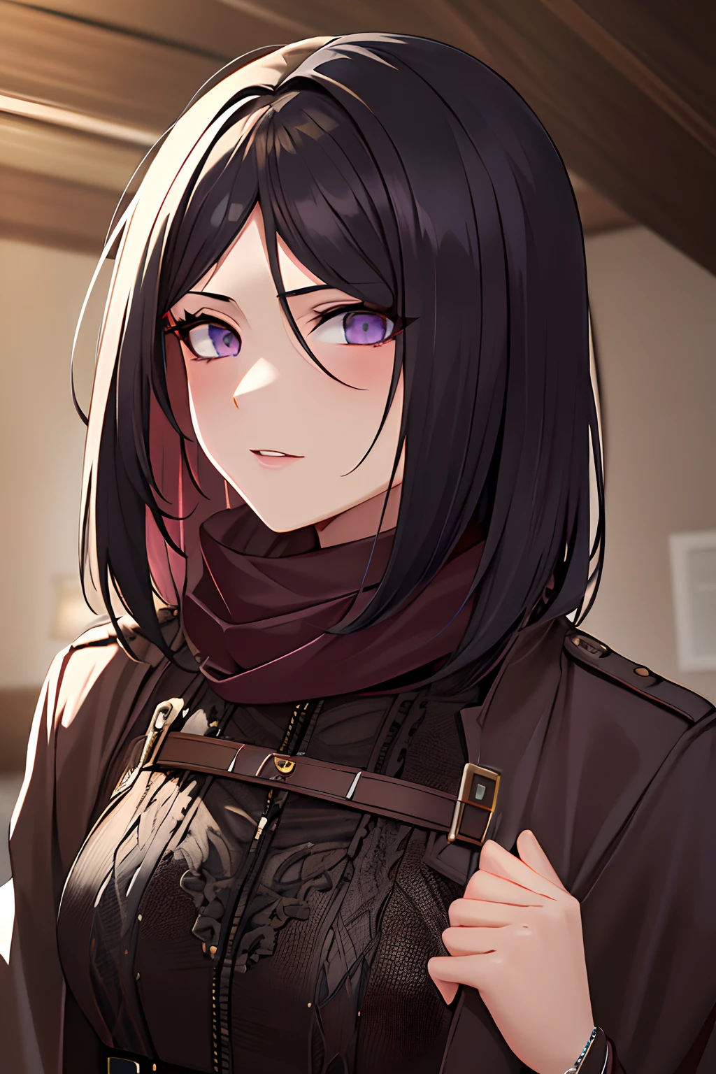 high resolucion, Masterpiece, Best quality, Detailed, perfect lighting, beautiful face very detailed, Detailed Masterpiece, lighting cinematic, adulte, Highly detailed skin, peau parfaite, Intricate details, Female, Regarder le spectateur, Shingeki no Kyojin, 1fille, frange, ceinture, Ceinture, yeux violet, cheveux noirs, ceinture marron, veste marron, boucle, chemise, cheveux entre les yeux, veste, manches longues, cheveux long, Closed clothing, veste ouverte, Uniforme militaire Paradis, foulard, chemise, clivage