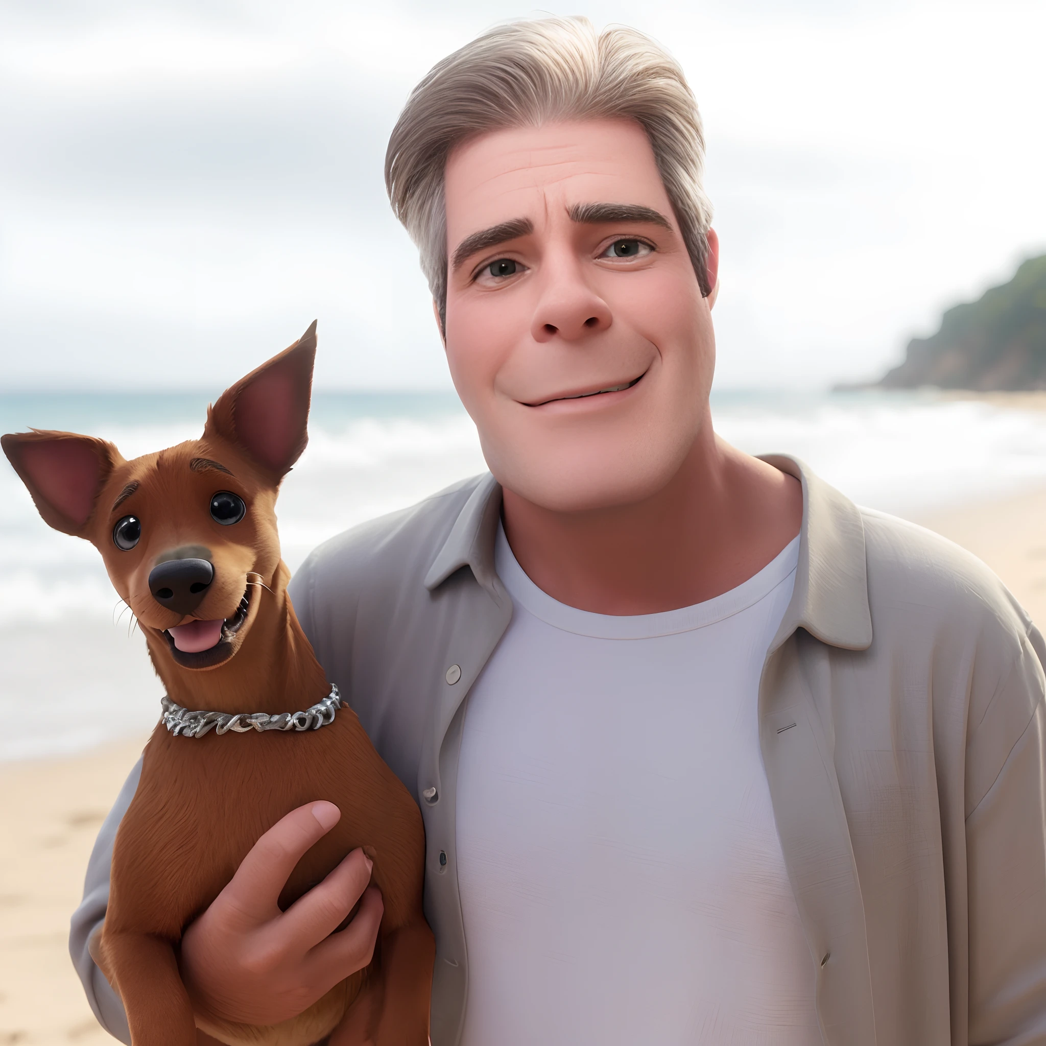 qualidade de imagem do filme，Disney Animation Style,there is a man holding a dog on the beach, Feliz, sorridente,Simon Cowell •, with his hyperactive little dog: