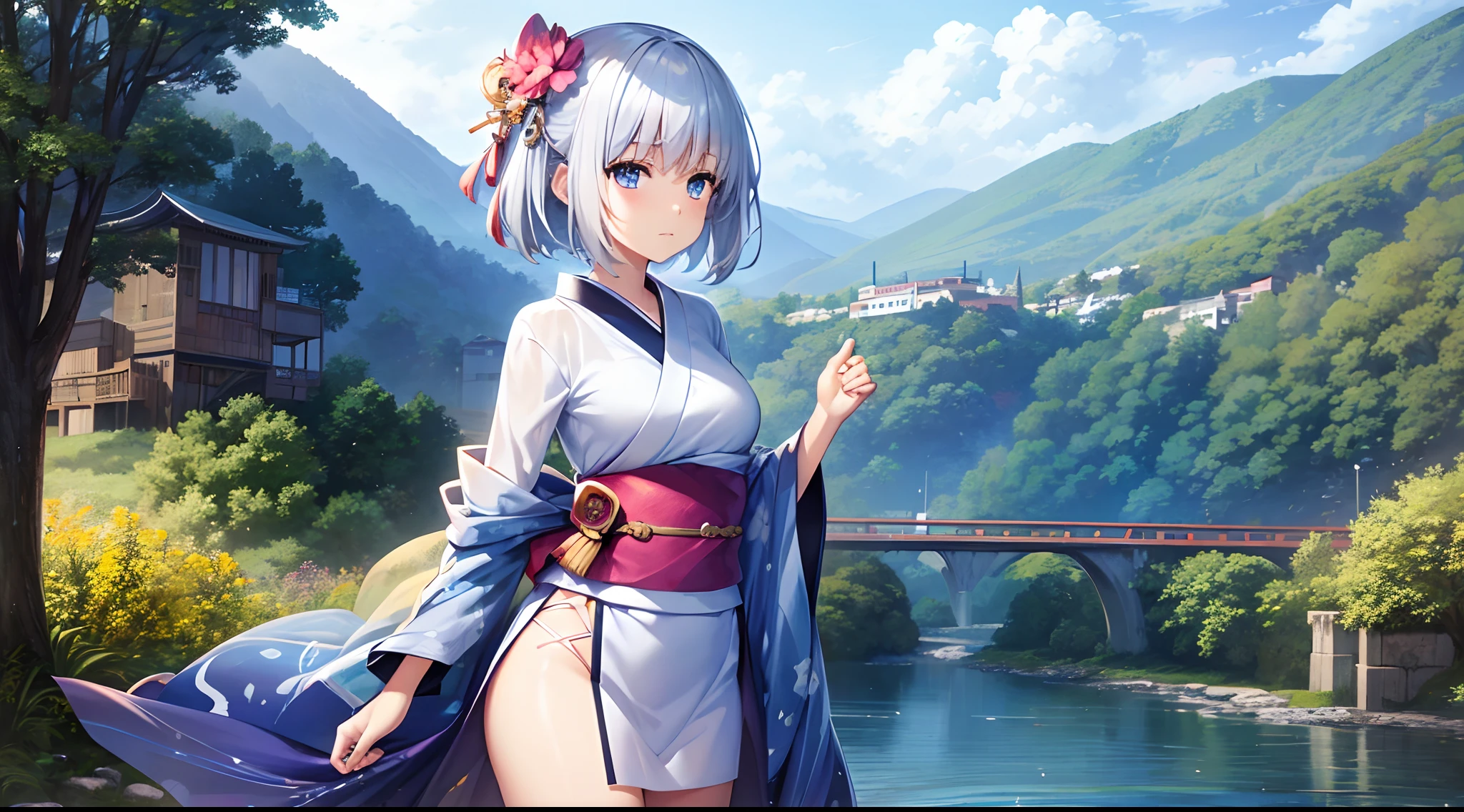 origamitobiichi, origami tobiichi, blue eyes, short hair, hot spring, white hair, hair clips, hair pins, japanese_clothes, kimono, 1girl, solo, white_kimono, floral_print, hair_bun, upper_body, blush, sash, eyebrows_visible_through_hair, blue_kimono, wide_sleeves, bangs, print_kimono, hair_flower, BREAK (masterpiece:1.2), best quality, high resolution, unity 8k wallpaper, (illustration:0.8), (beautiful detailed eyes:1.6), extremely detailed face, perfect lighting, extremely detailed CG, (perfect hands, perfect anatomy), There is a painting of a road with wires and poles, anime countryside landscape, Anime background art, Anime landscape, Highly detailed illustration.”, anime style cityscape, Makoto Shinkai's style, anime backgrounds, Anime landscapes, in the style of makoto shinkai, drawn in anime painter studio, beautiful anime scenery, Anime landscape concept art, low details. Digital painting, full bodyesbian, winter weather, snow