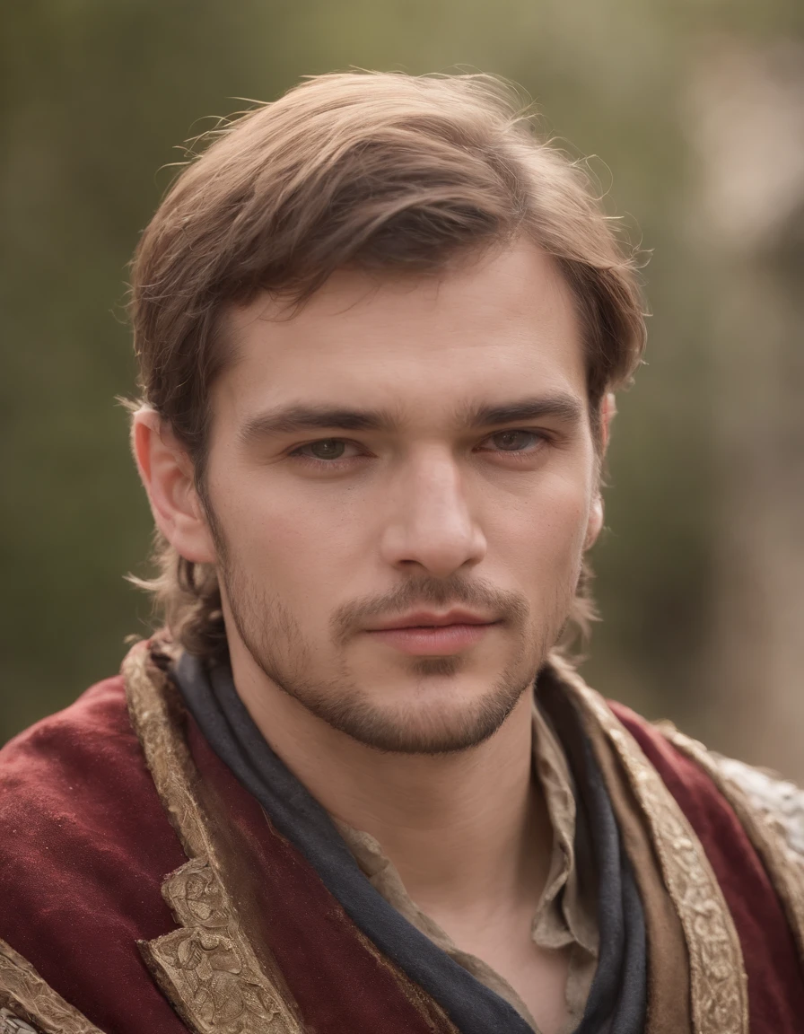 Cinematic portrait, upper body, face, facing the audience, (Reality :1.3), one of the most beautiful artworks in the world, a man looks into the camera, medieval costumes, (old clothes damaged and weathered :1.4), detailed beautiful face, action shooting, ancient city background, realistic photos, CG, Art Station