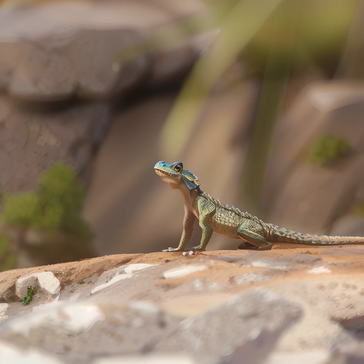 8k, (realistic:1.2),full body,lizard peeks from above on rock,detailed scaly texture on the body and skin,side view,background with science fiction elements,art inspired by Pixar,eye-catching colors,perfect lighting,photo-realistic rendering,masterpiece:1.2