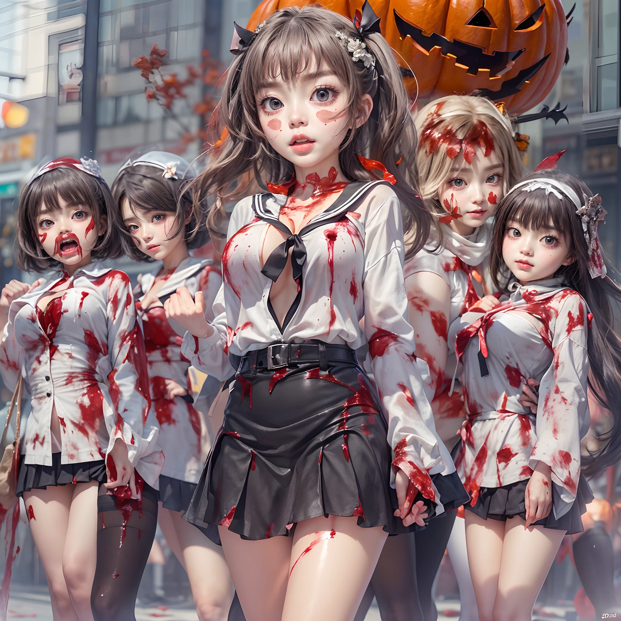 (((SFW, NSFW STILL SHOW, 12 Tiny Girls in a row:1.2, Shibuya Hachiko-mae scramble crossing on Halloween:1.2))), ((masterpiece:1.2, best quality, photorealistic:1.37)), { (Standing Full Body:1.2)|(from below:1.2) }, { bandaged full body | Cut-off Sailor Uniform }, { bandaged head | bandaged limbs | (( bleeding from pussy )) }, {((naked bandage))|metallic red nipple stickers}, {(bloody)|blood paste|(Blood-stained bandages| bloody inner thighs)}, ((Detailed KAWAII face, Detailed glistening ivory skin)), {Bustling street|Crossroads|(Passerby schoolgirls)| halloween| neon}, {(Childish:1.2|Gigantic Cleavage:1.37|Underboob:1.2)}, {Red leather high collar| Hair ornaments |shotgun|random hair colors}, {Floating hair|Strong wind|(((Ass focus, open thighs)))| flying magic | Skirtlift}, {(Kissing face to face)|:p|:d|laugh|sparkle|joyful|delighted|Drunk},extremely Detailed,