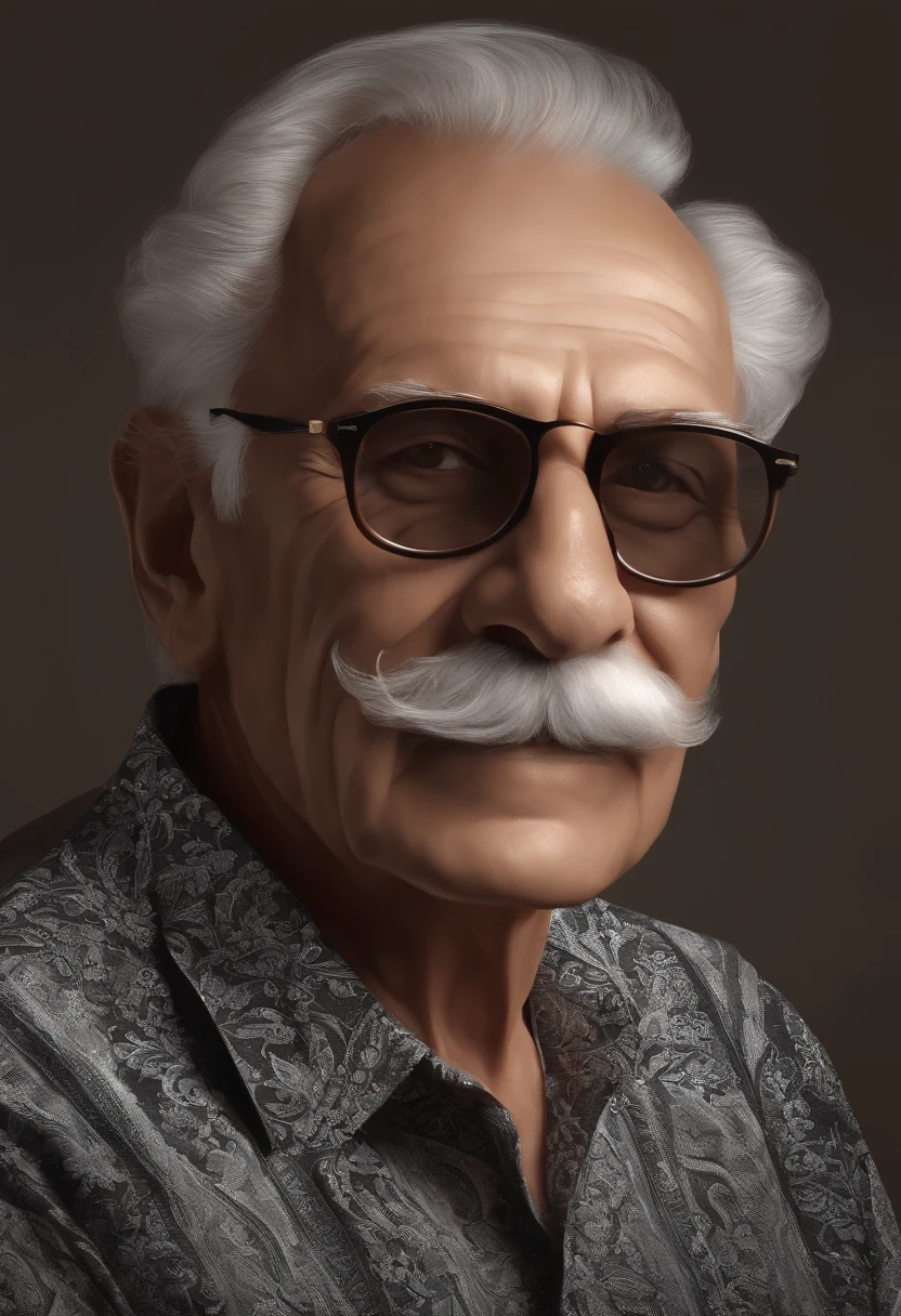 Elderly man in white glasses, hair and mustaches in black t-shirt, brown pants, sentado numa cadeira , numa mesa com computador aberto e algumas folhas escritas.