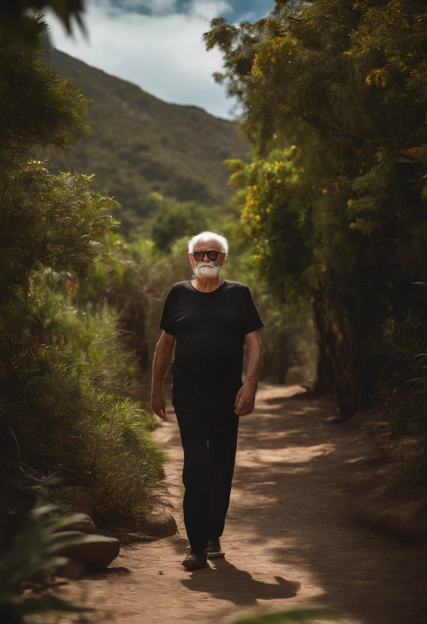 Elderly man in white glasses, hair and mustaches in black t-shirt, brown pants, sentado numa cadeira , numa mesa com computador aberto e algumas folhas escritas.