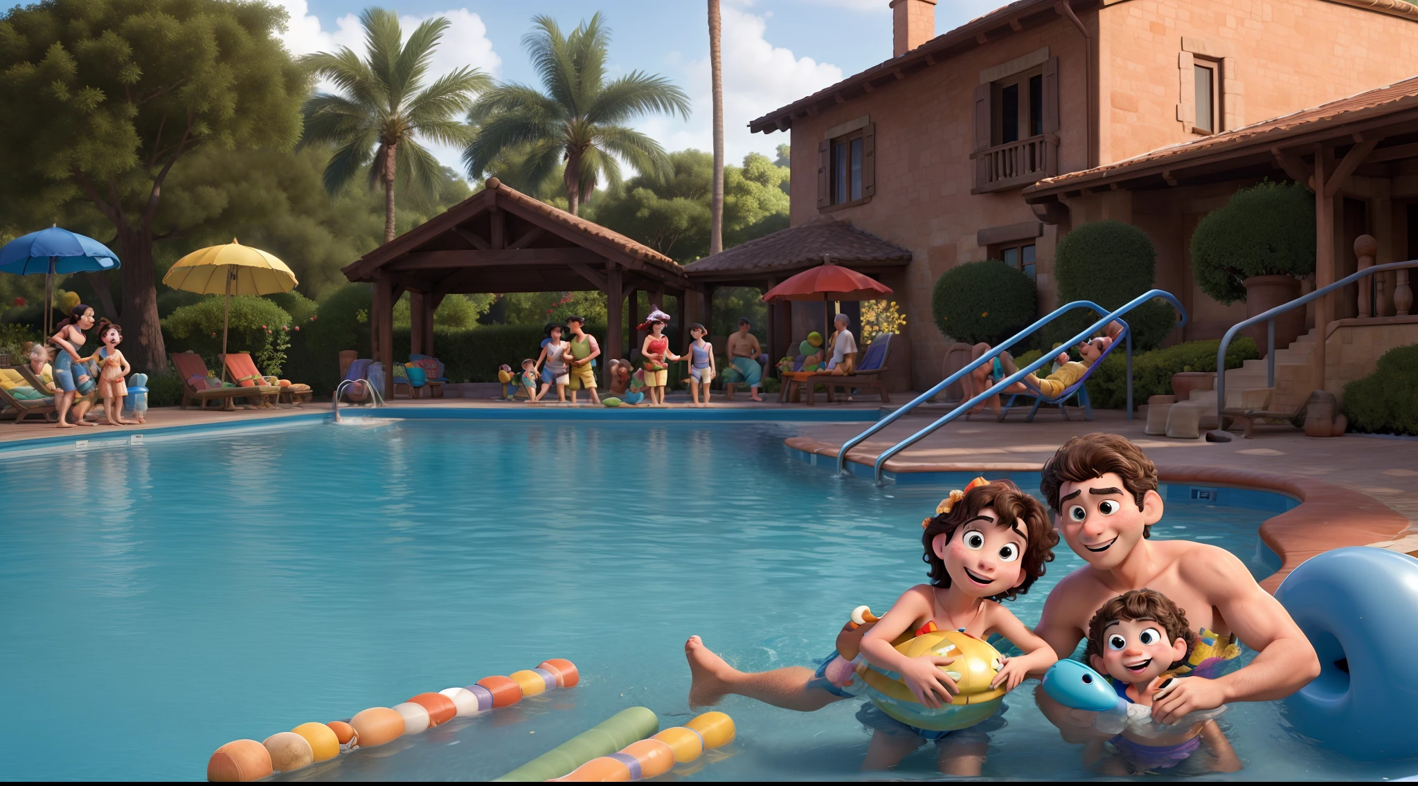 Obra-prima ao estilo Disney/Pixar in high quality and high resolution. Family at the pool