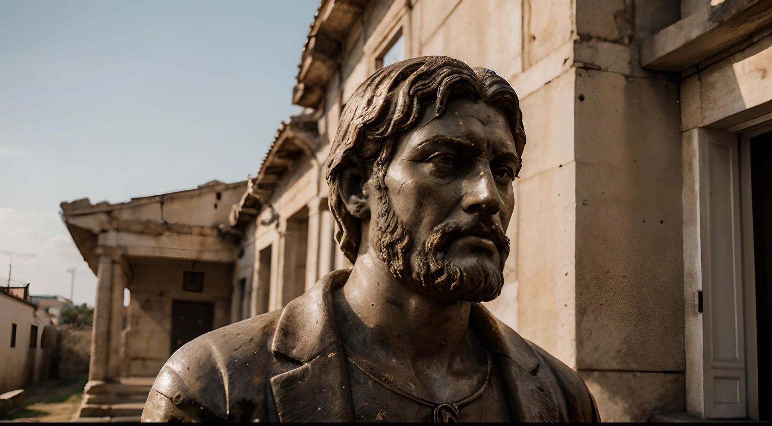 Ancient Stoic Statue With Very Angry Expression, tem barba, muitos detalhes em ambos os olhos, Outside, fundo atenas grego, open sky, com rosto extremamente detalhado full body view, Colors with low saturation with dark tone, Filmado em Sony A7S III com Sony FE 35mm f/1.8, 12.1 MP, --AR 3:2 --estilo cru