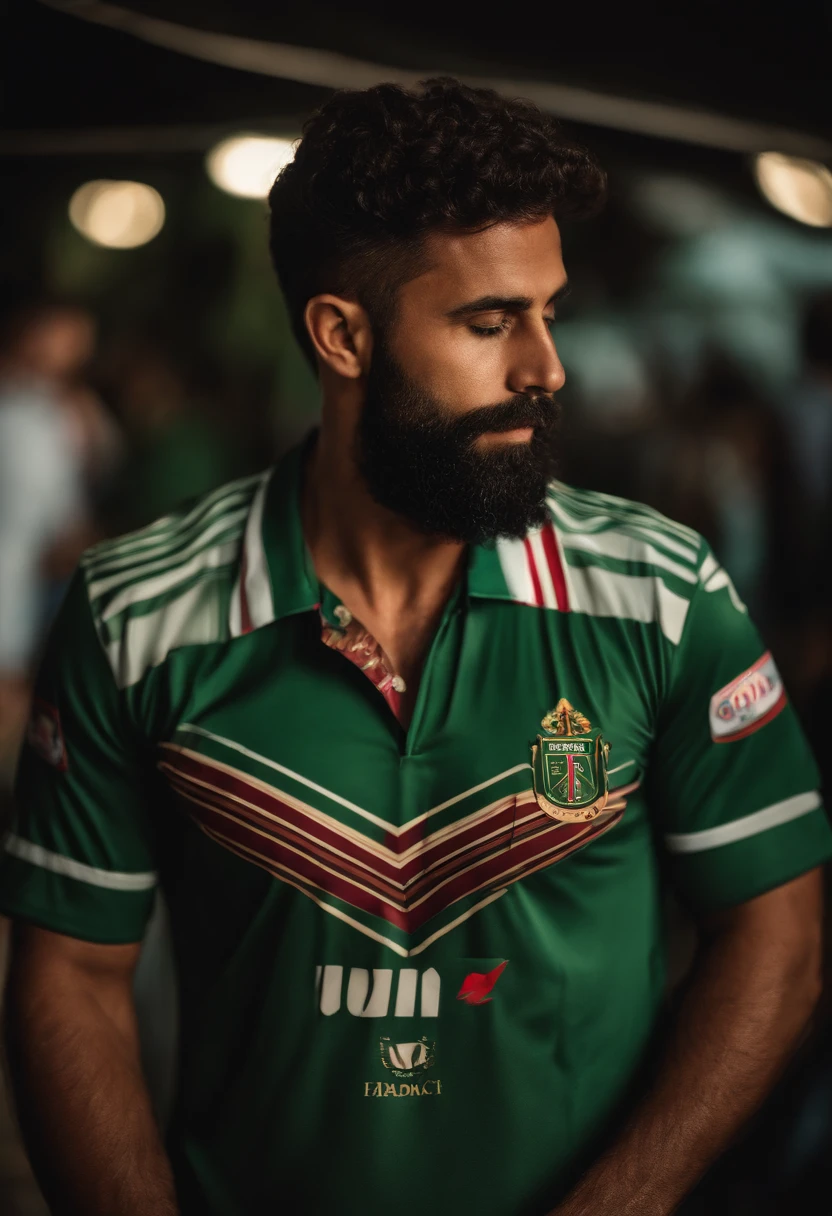 Homem gordinho de barba com camisa do fluminense
