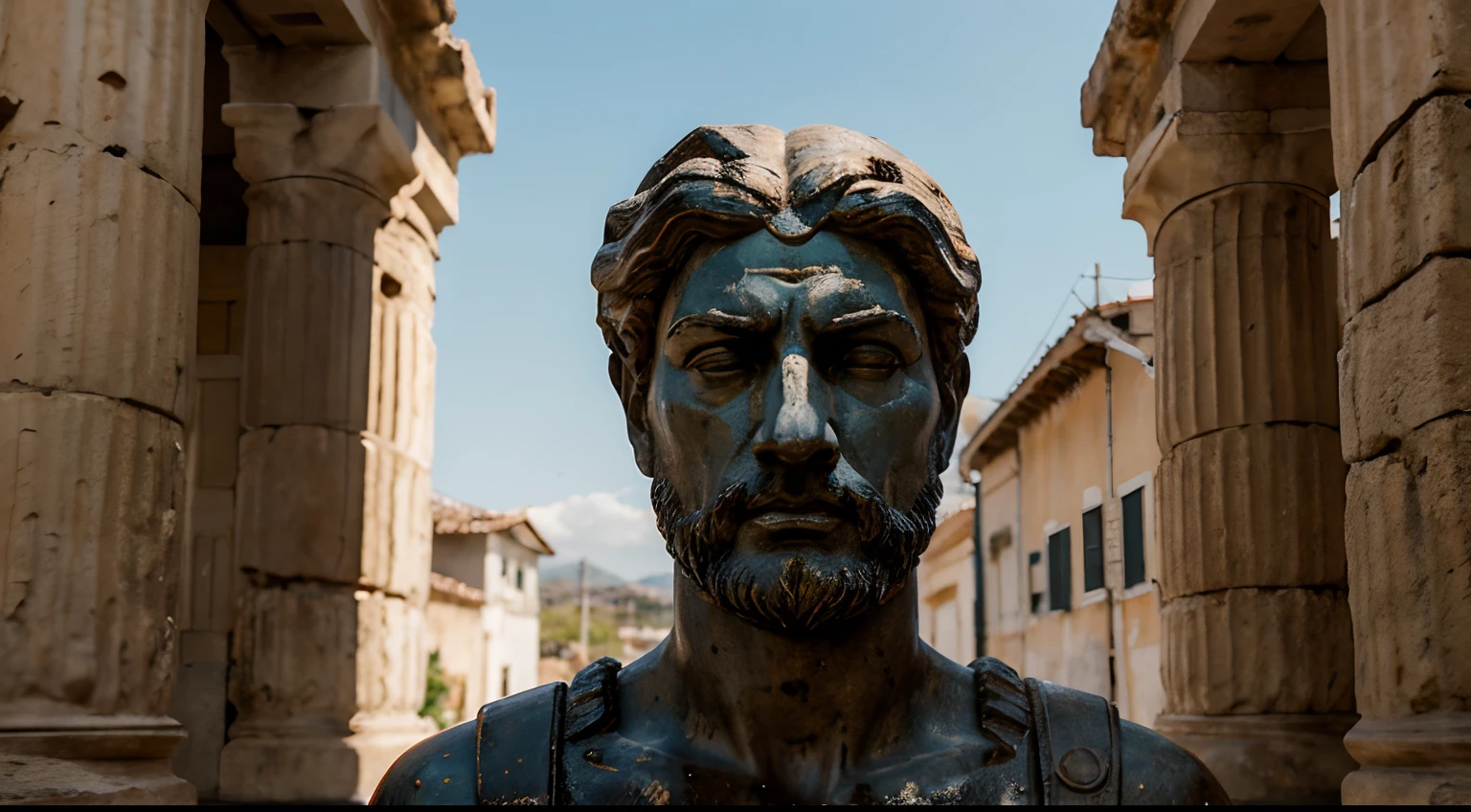 Ancient Stoic Statue With Very Angry Expression, tem barba, muitos detalhes em ambos os olhos, Outside, fundo atenas grego, open sky, com rosto extremamente detalhado full body view, Colors with low saturation with dark tone, Filmado em Sony A7S III com Sony FE 35mm f/1.8, 12.1 MP, --AR 3:2 --estilo cru