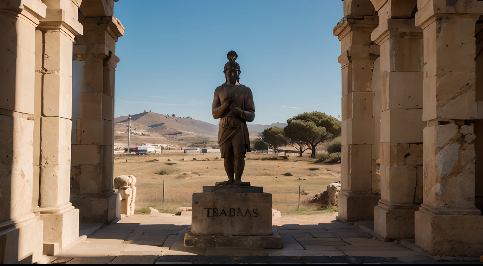 Ancient Stoic Statue With Very Angry Expression, tem barba, muitos detalhes em ambos os olhos, Outside, fundo atenas grego, open sky, com rosto extremamente detalhado full body view, Colors with low saturation with dark tone, Filmado em Sony A7S III com Sony FE 35mm f/1.8, 12.1 MP, --AR 3:2 --estilo cru