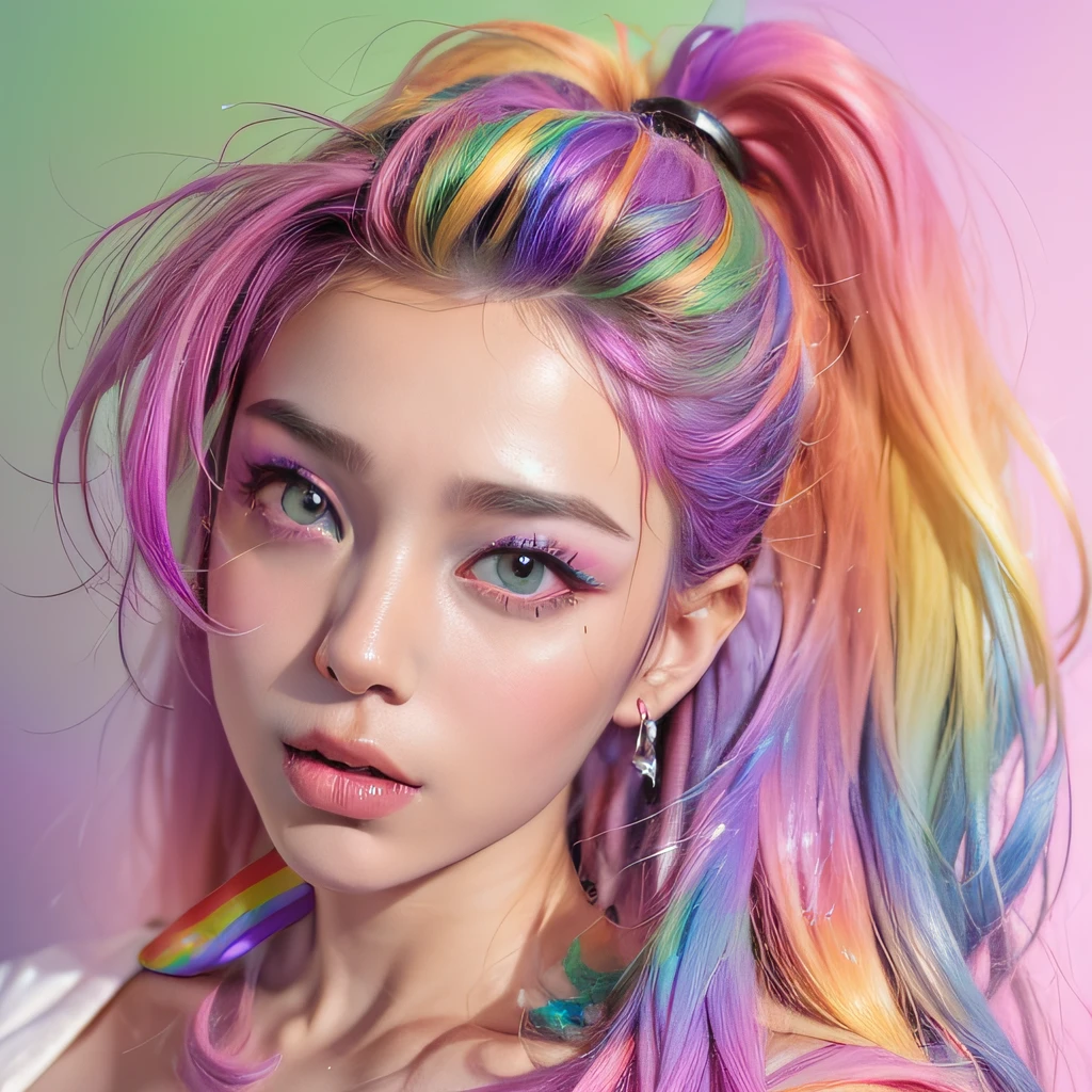 (T-shirt Pink Fashion: 1.9),(Cabelo colorido: 1.8), (all colors of the rainbow: 1.8),(((((pintura vertical:1.6))), (pintura:1.6), cor de cabelo predominante roxo, violeta ,olhos cristalinos,( Color gradient rainbow high ponytail:1.7), maquiagem requintada,(Limpar peito: 1.6), long eyeslashes, T-shirt branca fora do ombro,  looking up at the audience, grandes olhos lacrimejantes, (rainbow colored hair:1.6),  respingo de cor, (solo: 1.8), respingo de cor, burst of colour,   (respingo de cor), parte superior do corpo, respingo de tinta, Acrylic Pigment, gradiente, tinta, mais alta qualidade de imagem, mais alta qualidade, obra-prima, solo, profundidade de campo, roupas coloridas, (elegante: 1.2), lindo, cabelo longo, vento, (elegante: 1.3),  (Petals: 1.4),((obra-prima))),((melhor qualidade))),((ultra-detalhado)),(illustration),(dinamic angle),((flutuante)),(pintura),((cabelo desgrenhado)),(solo),(1girl) , (((rosto anima detalhado))),((rosto detalhado anima)),(belo rosto detalhado)),colar,ombros nus,cabelos brancos, ((cabelo colorido)),((cabelo listrado)),(olhos detalhados bonitos,(gradient color eyes),((olhos coloridos))),(((fundo colorido))),(high saturated))),((cercado por respingos coloridos))), roupa mistica, chapeu de bruxa, feiticeira. cartomante.