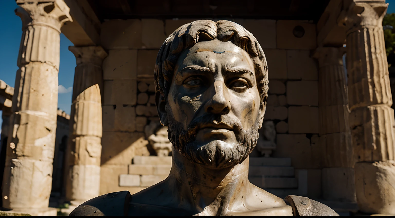Ancient Stoic Statue With Very Angry Expression, tem barba, muitos detalhes em ambos os olhos, Outside, fundo atenas grego, open sky, com rosto extremamente detalhado full body view, Colors with low saturation with dark tone, Filmado em Sony A7S III com Sony FE 35mm f/1.8, 12.1 MP, --AR 3:2 --estilo cru