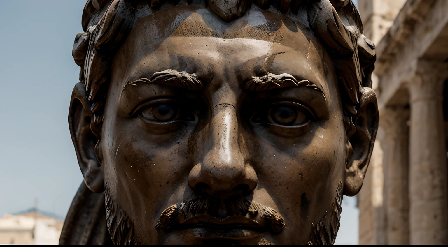 Ancient Stoic Statue With Very Angry Expression, tem barba, muitos detalhes em ambos os olhos, Outside, fundo atenas grego, open sky, com rosto extremamente detalhado full body view, Colors with low saturation with dark tone, Filmado em Sony A7S III com Sony FE 35mm f/1.8, 12.1 MP, --AR 3:2 --estilo cru