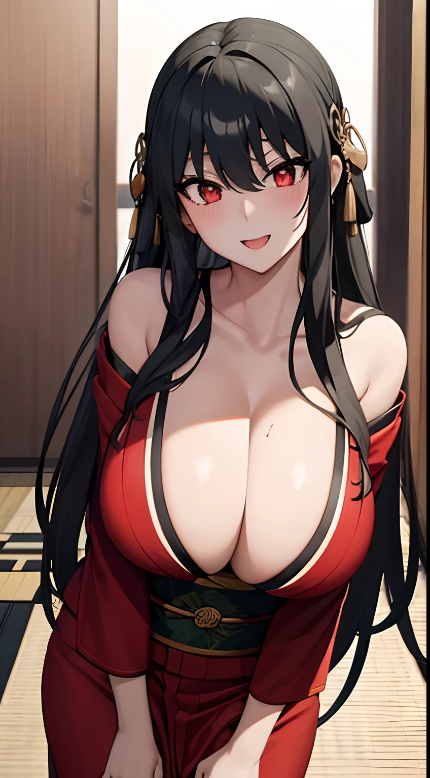 1 girl, black long hair, red pupils, very big breasts, very sexy body, sexy look, looking at the camera, wearing a kimono that shows cleavage