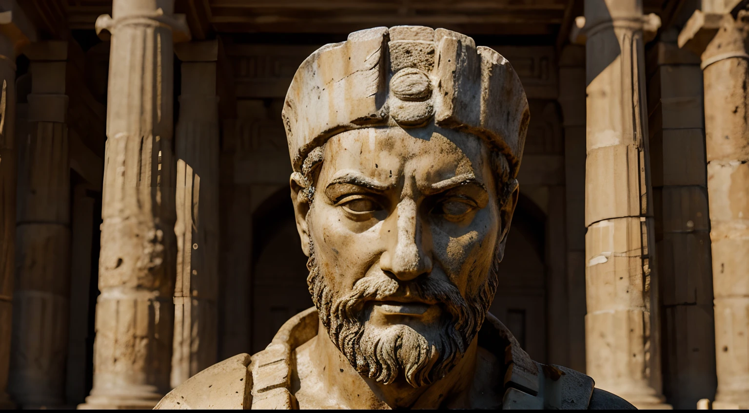 Ancient Stoic Statue With Very Angry Expression, tem barba, muitos detalhes em ambos os olhos, Outside, fundo atenas grego, open sky, com rosto extremamente detalhado full body view, Colors with low saturation with dark tone, Filmado em Sony A7S III com Sony FE 35mm f/1.8, 12.1 MP, --AR 3:2 --estilo cru
