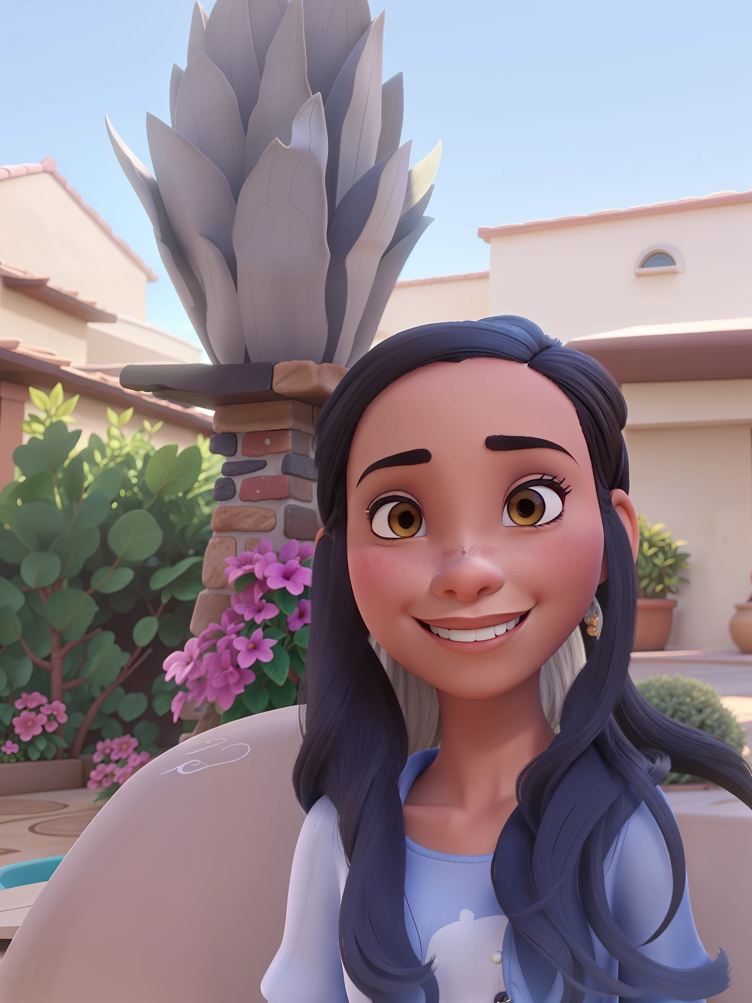 MULHER FELIZ ESTILO PIXAR , MORENA CABELO PRETO NUM JARDIM
