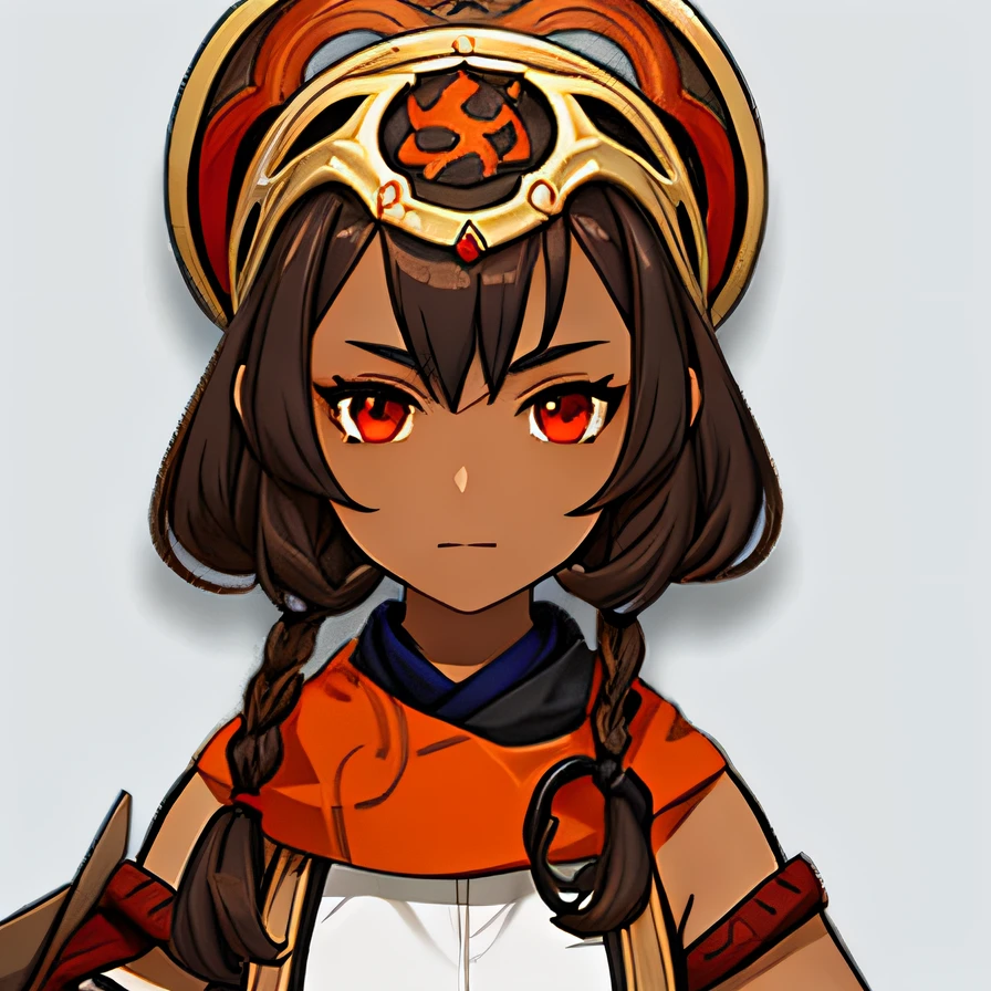 A  girl, swarthy skin color, red-eyes, Brown hair, Orange Shaman's Clothes, No background