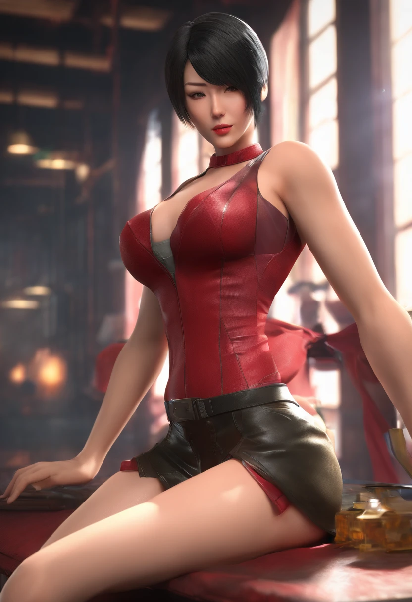 one asian girl, ada wong, bust, solo, grey eyes, bob cut, black hair, choker, nsfw, white skin, (open breasts, naked breasts, exposed breasts:1.2), red corset, shoulders in clothes, masterpiece, highly detailed, look at viewer, shiny blured red background, gradient sprayed background, shy, shy face, calm face, front view, gradient red orange background, blured background, big nipples, glowing edges of image