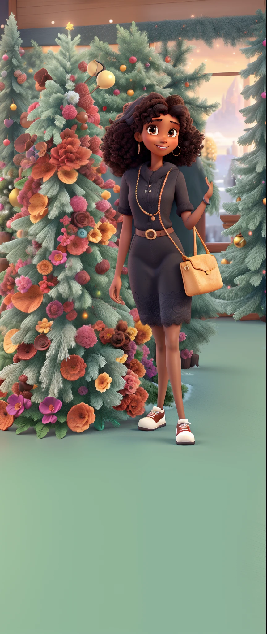 anthropomorphic tall slim Black woman, curly dark brown hair, cheerful and smiling, winter scenery, Disney Pixar style, high quality, best quality