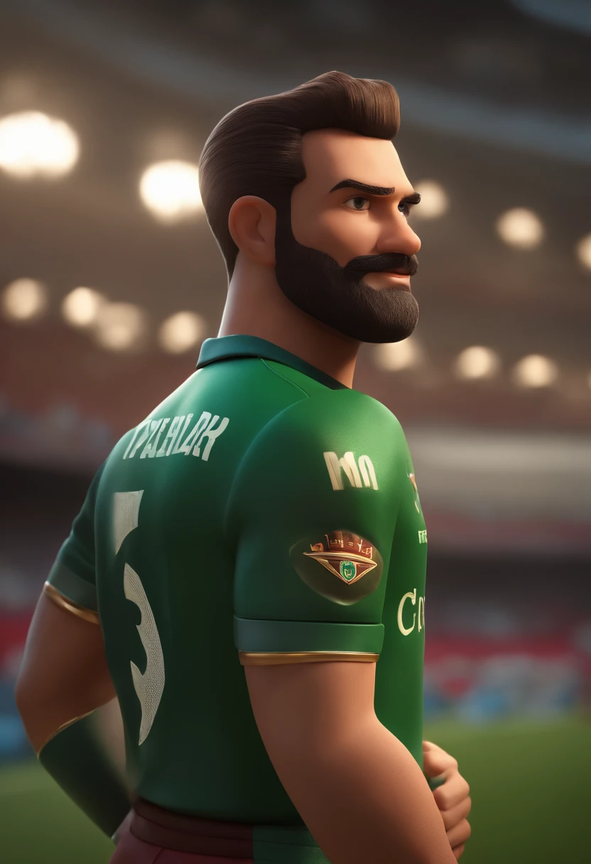 Personagem de desenho animado de um homem usando barba e  uma camisa do time do Fluminense, um personagem animado, Caractere estilizado, animation style rendering, 3D estilizado, Arnold Maya render, 3 d render stylized, toon render keyshot, Personagem 3D, Personagem 3D, 3d rendering stylized, 3 d character render, personagem de desenho animado, Personagem de close up, Pose de personagem, (Estilo Pixar) (master part:1.2) (Bokeh) (best quality) (pele detalhada) (textura detalhada) (8k) (argila) (Cinematic lighting) (foco nítido，Senta e vaza a parte superior do corpo