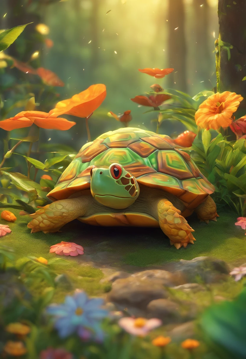 crie uma arte em formato de cartoon que retrate um filhote de lebre e um filhote de tartaruga apostando uma corrida em uma floresta encantada.