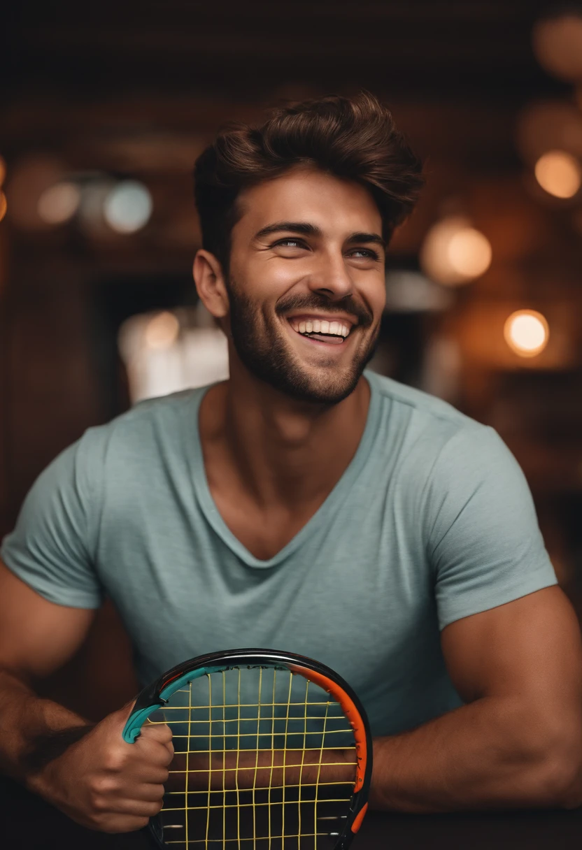 homem feliz segurando sua raquete de tenis de mesa, estilo pixar disney