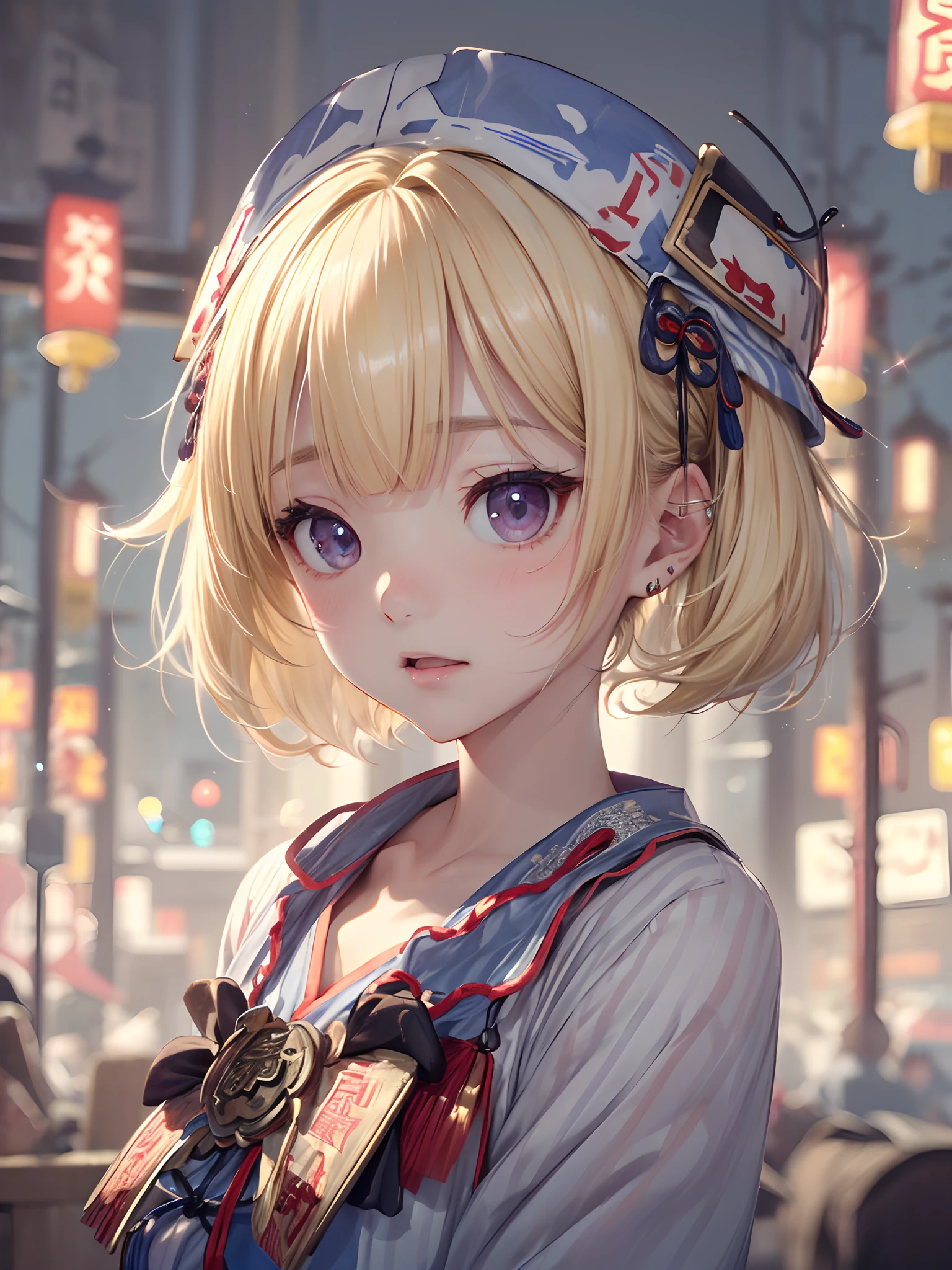 absurderes, (独奏:1.5,)ultra-detailliert,extremely beautiful detailed anime face and eyes,Short hair,(Bangs parted in the middle:1.4),(Blonde hair with short twin tails:1.3), Shiny hair, Delicate beautiful face,(jiangshi:1.4), mid night,Dark scenery
