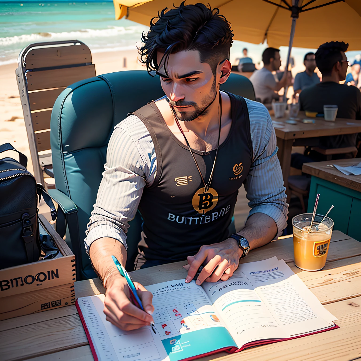 criar um trader de bitcoin de terno e gravata utilizando o notebook na praia