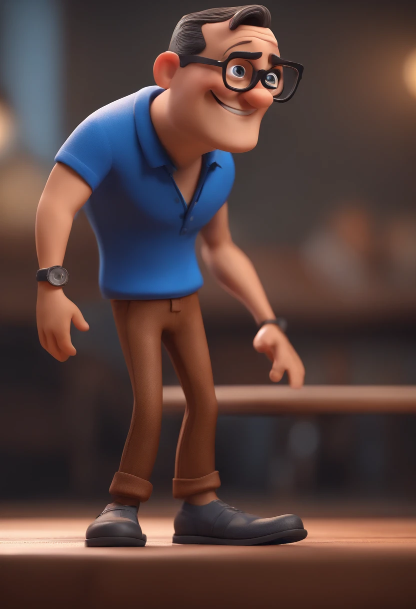Cartoon character of a man with black glasses and a blue shirt, animation character, Caractere estilizado, animation style rendering, 3D estilizado, Arnold Maya render, 3 d render stylized, toon render keyshot, Personagem 3D, Personagem 3D, 3d rendering stylized, 3 d character render, personagem de desenho animado, Personagem de close up, Pose de personagem,  (Estilo Pixar) (master part:1.2) (Bokeh) (best quality) (pele detalhada) (textura detalhada) (8k) (argila) (Cinematic lighting) (foco nítido