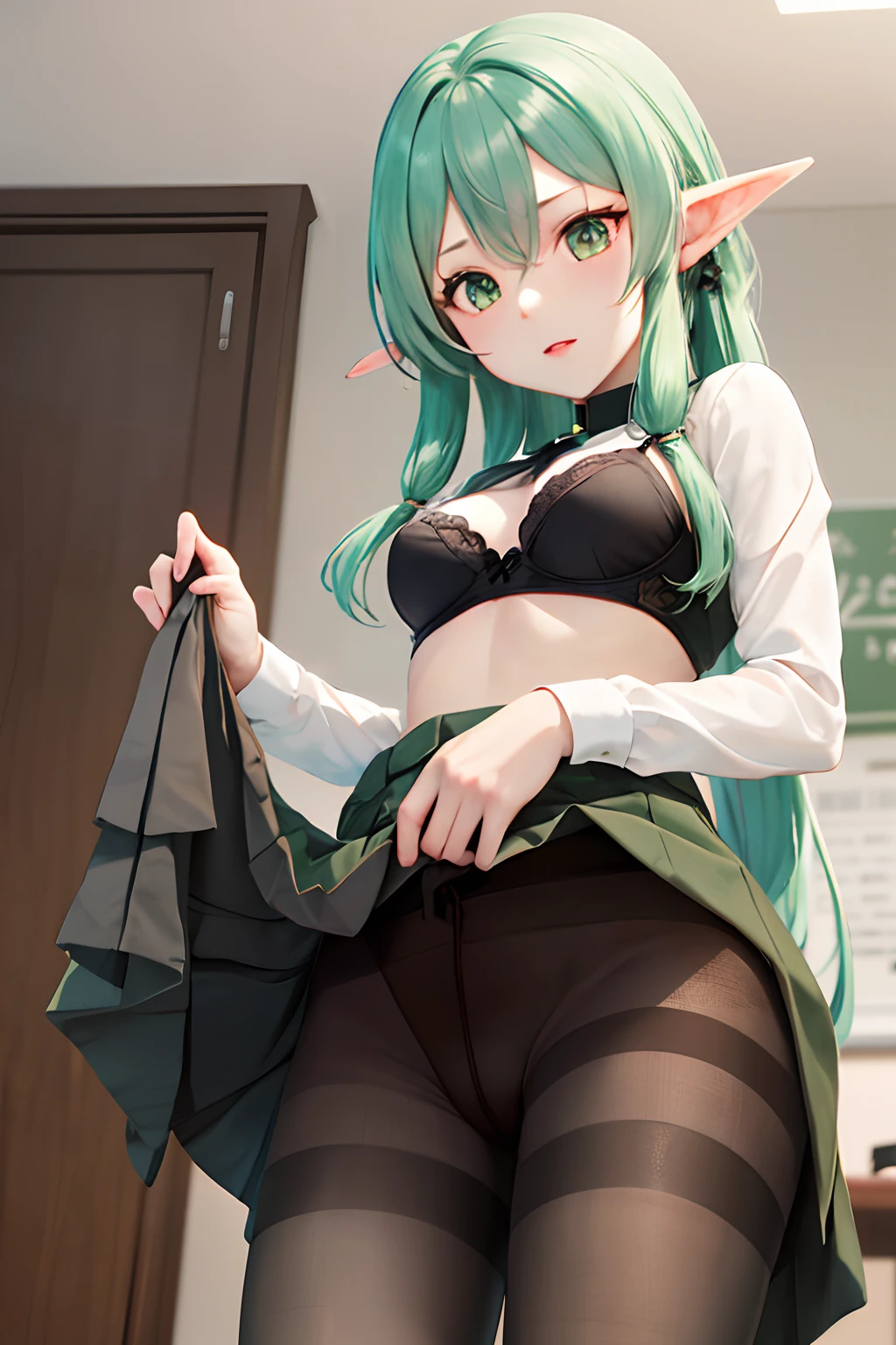 masutepiece, Best Quality, hight resolution, 1girl in, elf, pointy ear, Green hair, Long hair, side locks, The hair , small tits , Green eyes, ((Office Suits))、((skirt by the))、((pantyhose))、((Photo from below))、Black bra