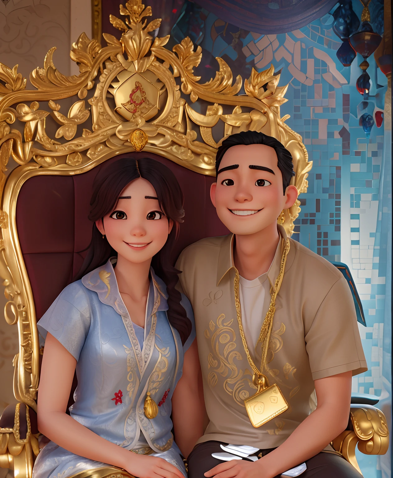 asian couple sitting on a gold throne and smiling, sitting on intricate throne, sitting on an ornate throne, sitting in a gilded throne, sitting on a golden throne, sitting on golden throne, sitting on an royal throne, shot on nikon d 3 2 0 0, volumetric lighting