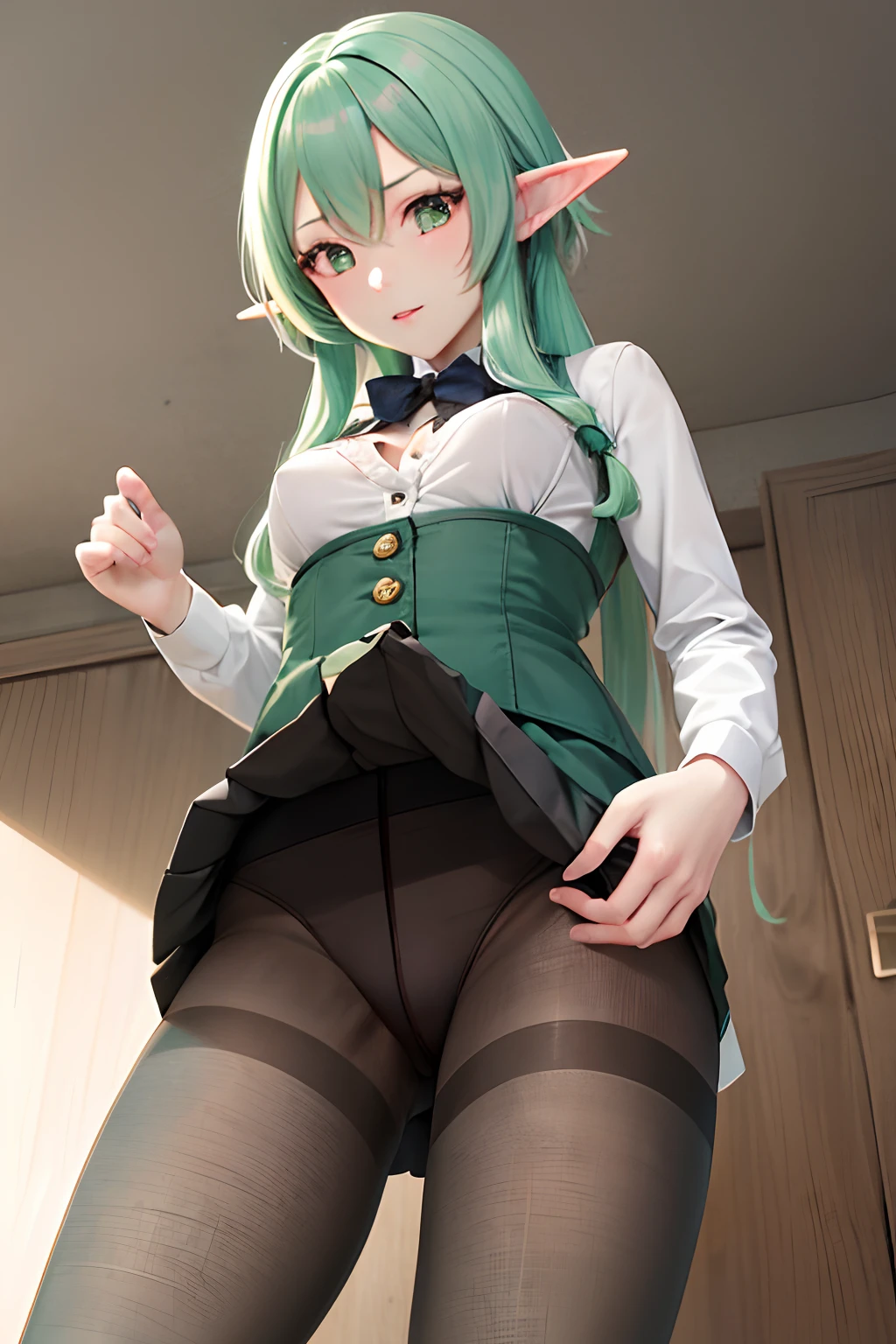 masutepiece, Best Quality, hight resolution, 1girl in, elf, pointy ear, Green hair, Long hair, side locks, The hair , small tits , Green eyes, ((Office Suits))、((skirt by the))、((pantyhose))、((Photo from below))、Black bra