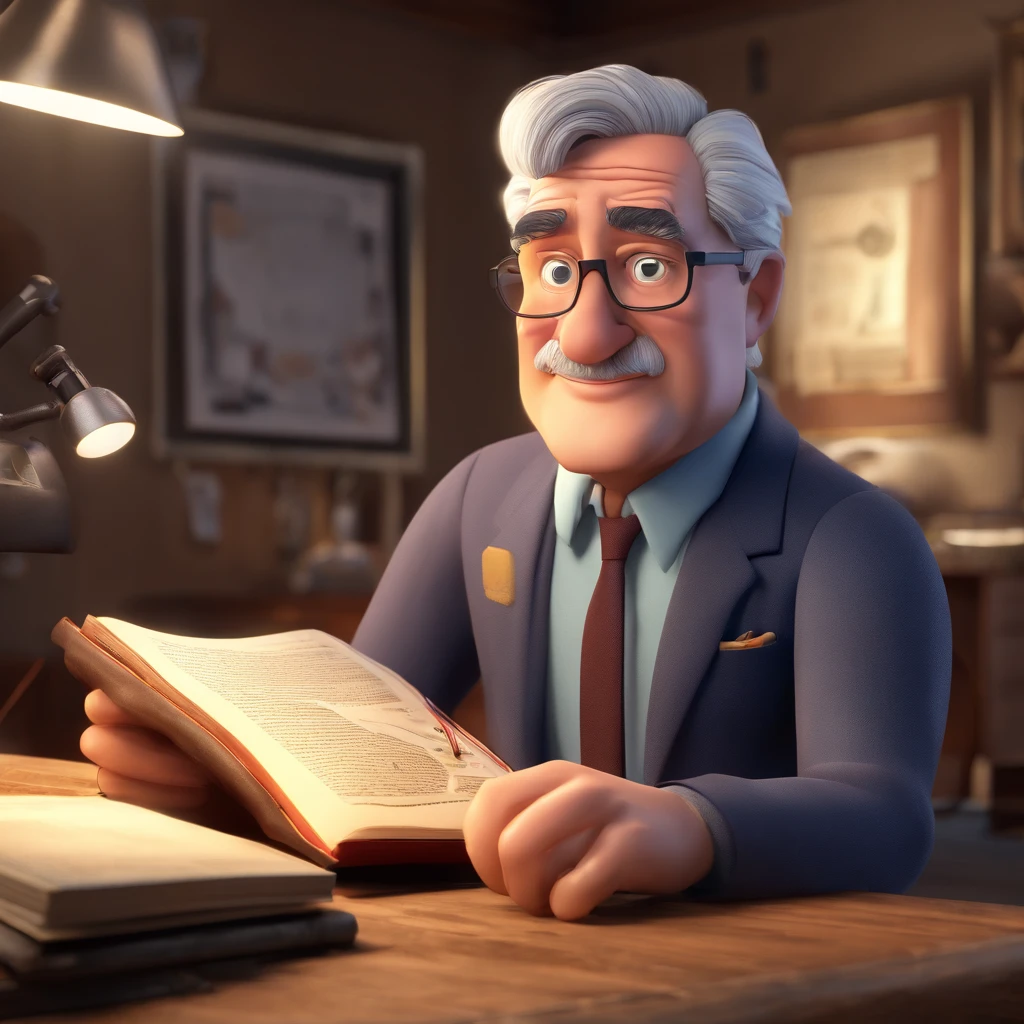 Crie um cartaz inspirado na Disney Pixar com o personagem sendo o pastor Rubens Janier, A gray-haired man wearing glasses, in an office with a Bible on the table, Looking forward and serious