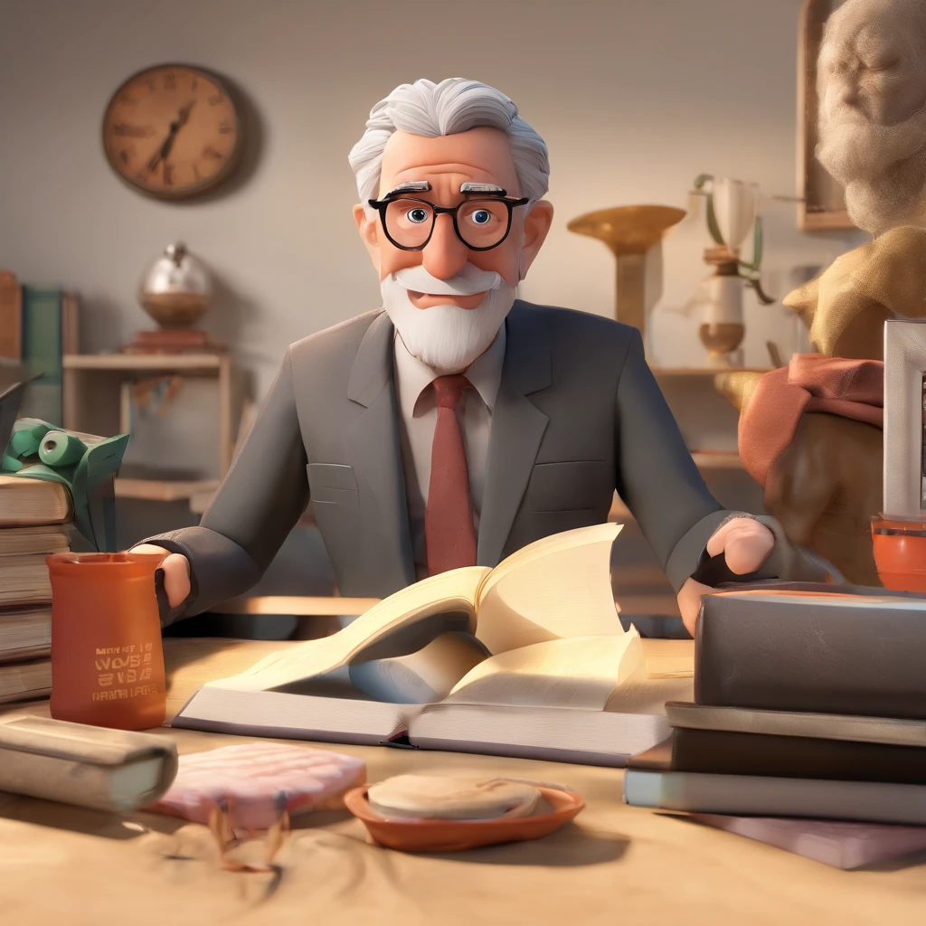 Crie um cartaz inspirado na Disney Pixar com o personagem sendo o pastor Rubens Janier, A gray-haired man wearing glasses, in an office with a Bible on the table, Looking forward and serious