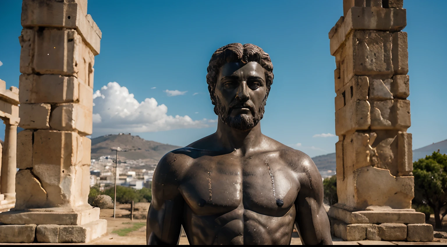 Ancient Stoic Statue With Very Angry Expression, tem barba, muitos detalhes em ambos os olhos, Outside, fundo atenas grego, open sky, com rosto extremamente detalhado full body view, Colors with low saturation with dark tone, Filmado em Sony A7S III com Sony FE 35mm f/1.8, 12.1 MP, --AR 3:2 --estilo cru