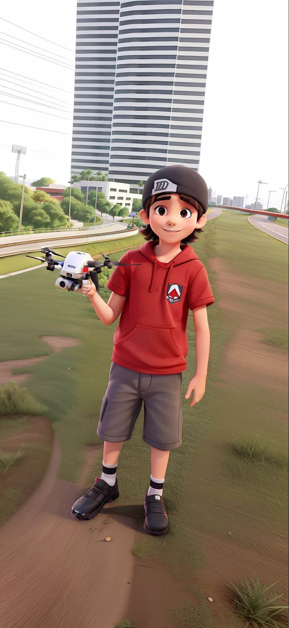 brunette boy smiling and wearing black cap on his head , segurando um drone dji, Behind it is a highway and a large building, melhor qualidade, alta qualidade