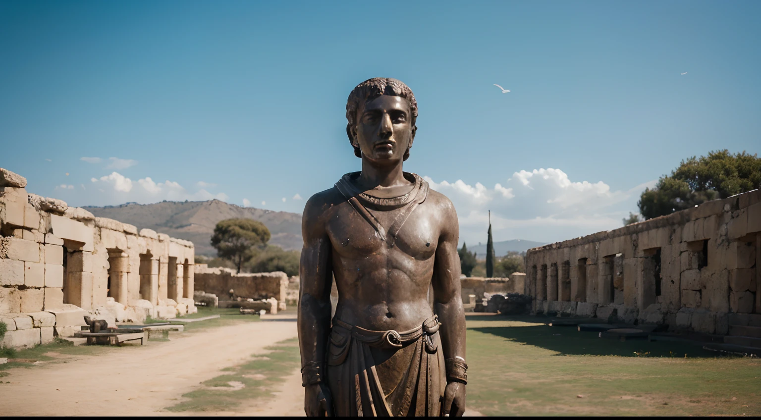 Ancient Stoic Statue With Very Angry Expression, tem barba, muitos detalhes em ambos os olhos, Outside, fundo atenas grego, open sky, com rosto extremamente detalhado full body view, Colors with low saturation with dark tone, Filmado em Sony A7S III com Sony FE 35mm f/1.8, 12.1 MP, --AR 3:2 --estilo cru
